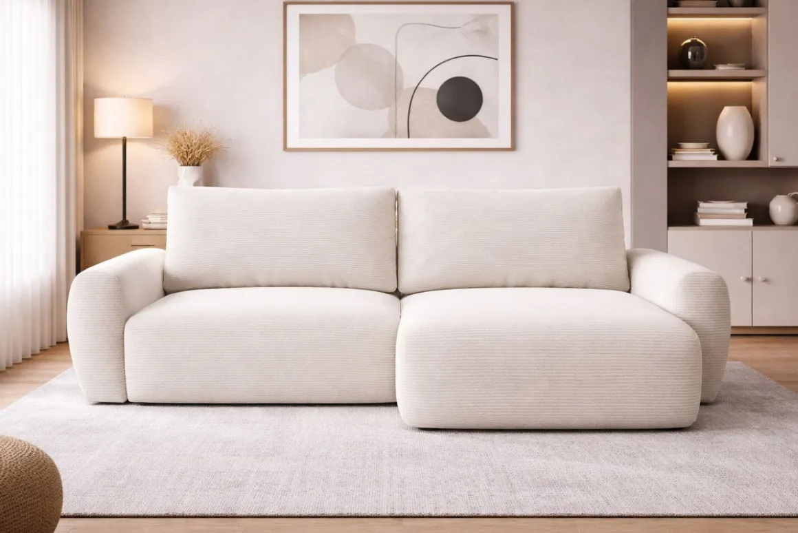Divani Angolari|Divani Letto Con Penisola > Dmora Divano Letto con Penisola Contenitore Reclinabile 268x163 cm, Cuscini Sfoderabili - Folgarida Bianco Crema