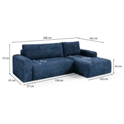 Divano Letto con Penisola blu Contenitore Reclinabile 268x163 cm, Cuscini Sfoderabili - Folgarida