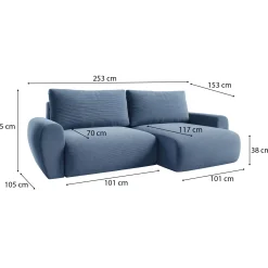 Divani Letto Con Penisola|Salotto > Dmora Divano Letto con Penisola Contenitore con Piedini 225x151 cm, Reclinabile - Aronix Blu