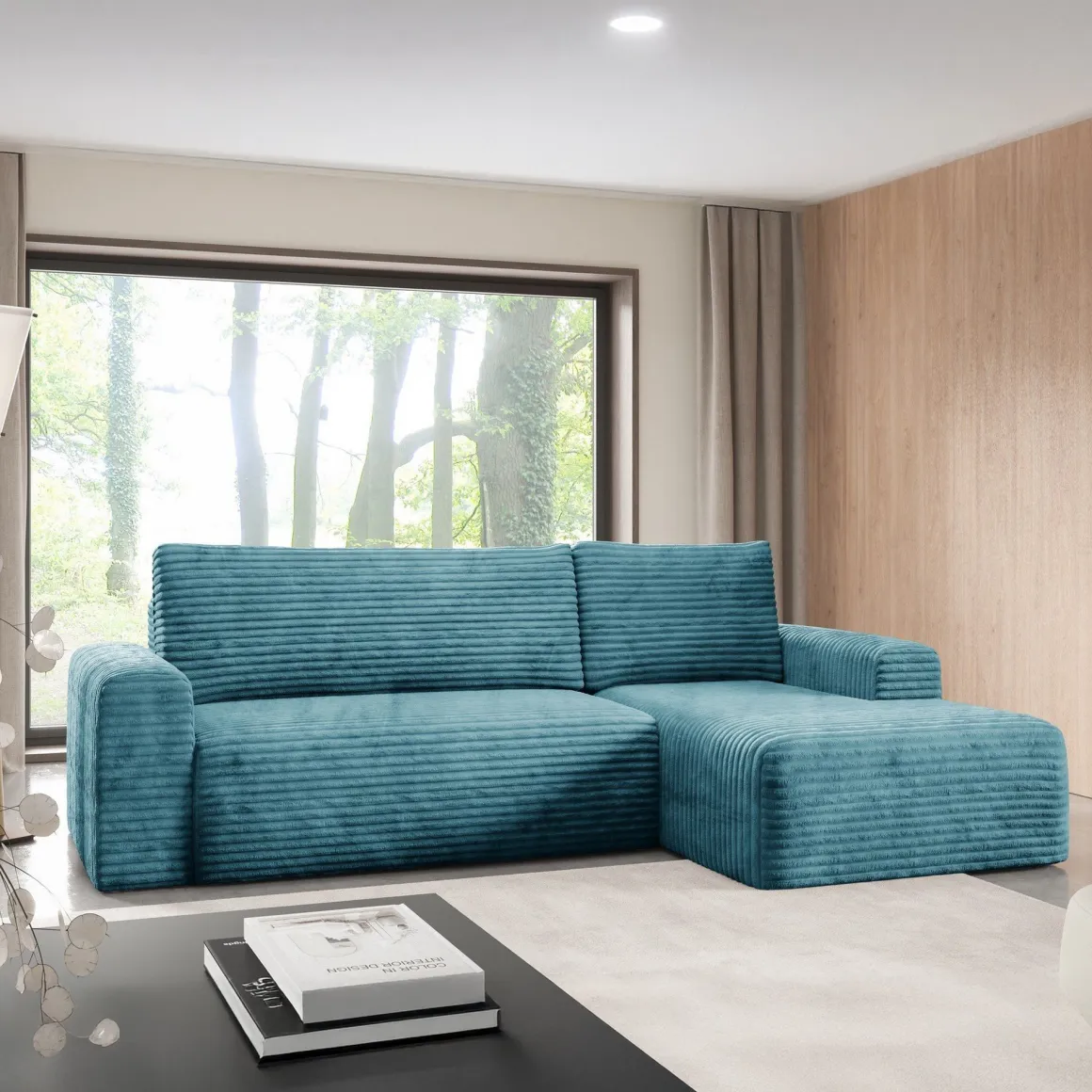 Divano Letto con Penisola blu Petrolio Contenitore Reclinabile 268x163 cm, Cuscini Sfoderabili - Folgarida