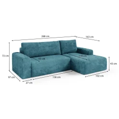 Divano Letto con Penisola blu Petrolio Contenitore Reclinabile 268x163 cm, Cuscini Sfoderabili - Folgarida