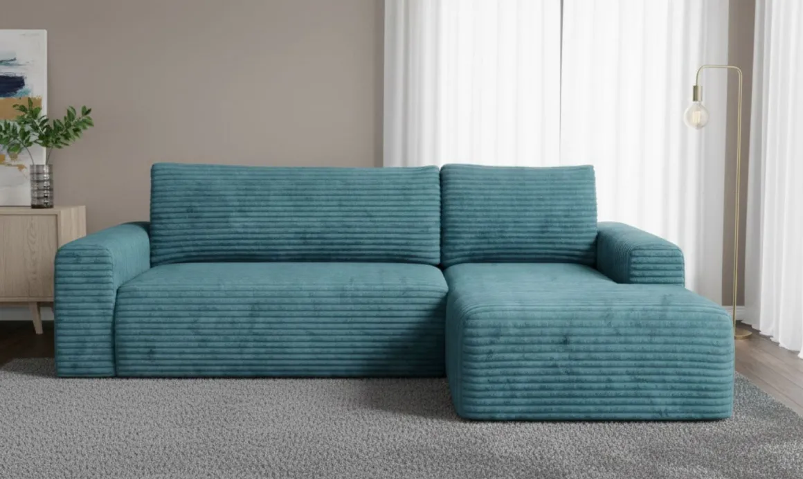 Divano Letto con Penisola blu Petrolio Contenitore Reclinabile 268x163 cm, Cuscini Sfoderabili - Folgarida