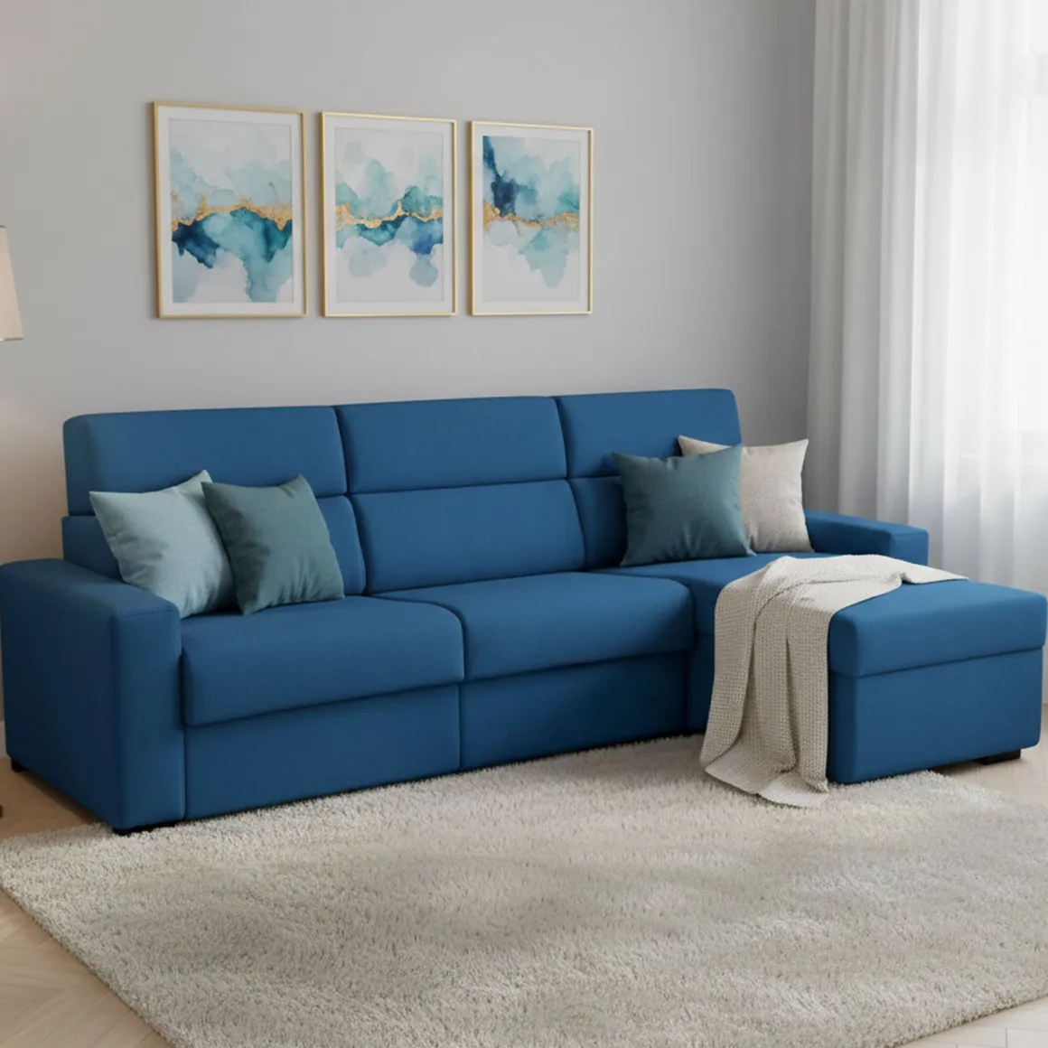 Divani Angolari|Divani Letto Con Penisola > Dmora Divano Letto con Penisola Sfoderabile Contenitore 285x160 cm, Idrorepellente Multiposizione Made in Italy - Ganzaria Blu