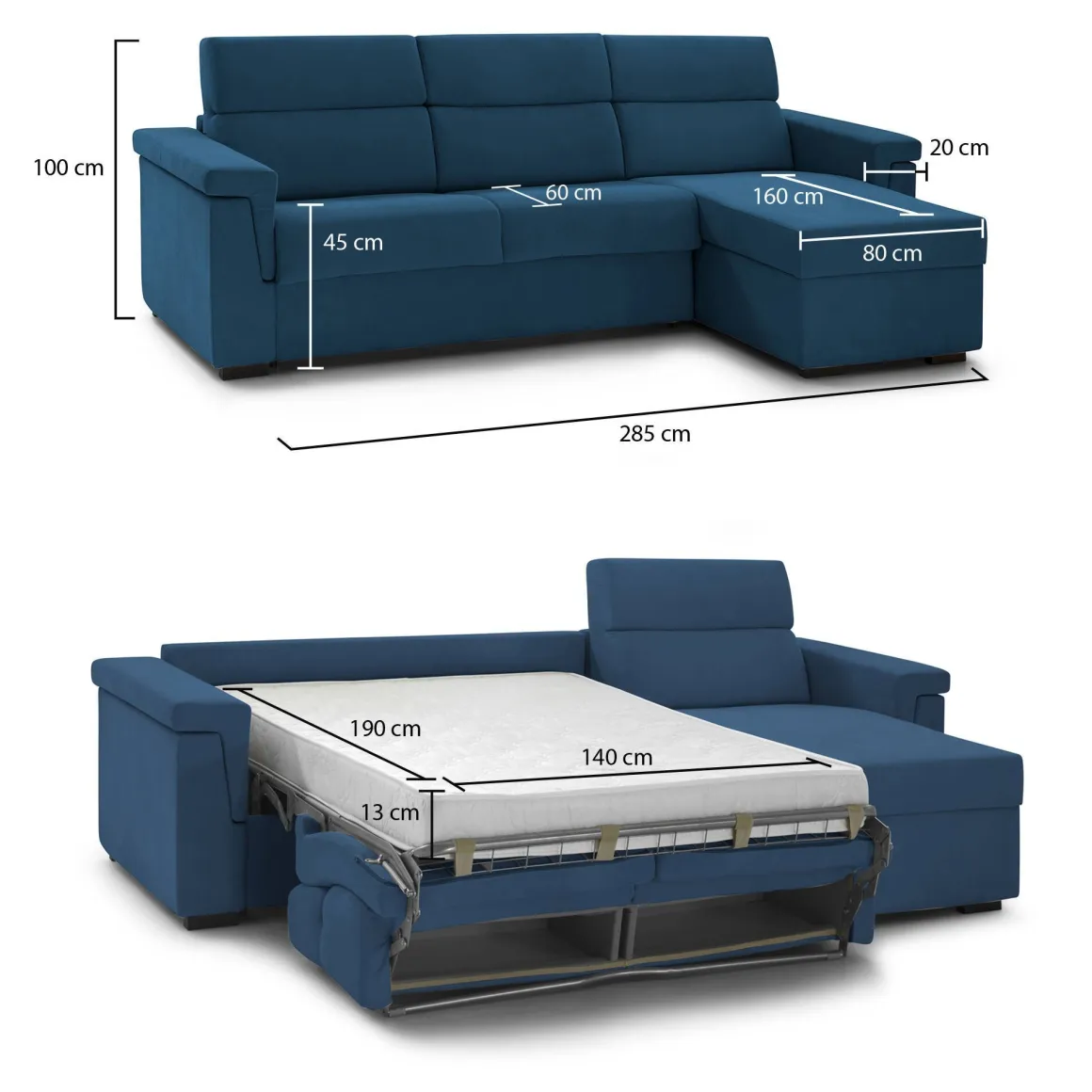 Divani Angolari|Divani Letto Con Penisola > Dmora Divano Letto con Penisola Sfoderabile Contenitore 285x160 cm, Idrorepellente Multiposizione Trasformabile in Letto Made in Italy - Tolle Blu