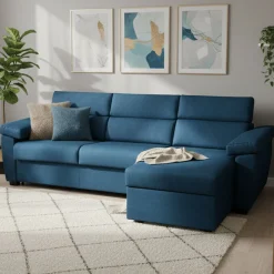 Divano Letto con Penisola blu Sfoderabile Contenitore 285x160 cm, Idrorepellente Trasformabile in Letto Made in Italy - Priverno