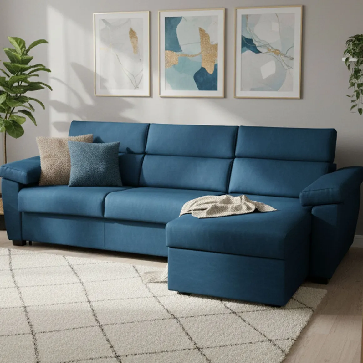 Divano Letto con Penisola blu Sfoderabile Contenitore 285x160 cm, Idrorepellente Trasformabile in Letto Made in Italy - Priverno