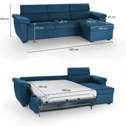 Divano Letto con Penisola blu Sfoderabile Contenitore 285x160 cm, Idrorepellente Trasformabile in Letto Made in Italy - Priverno