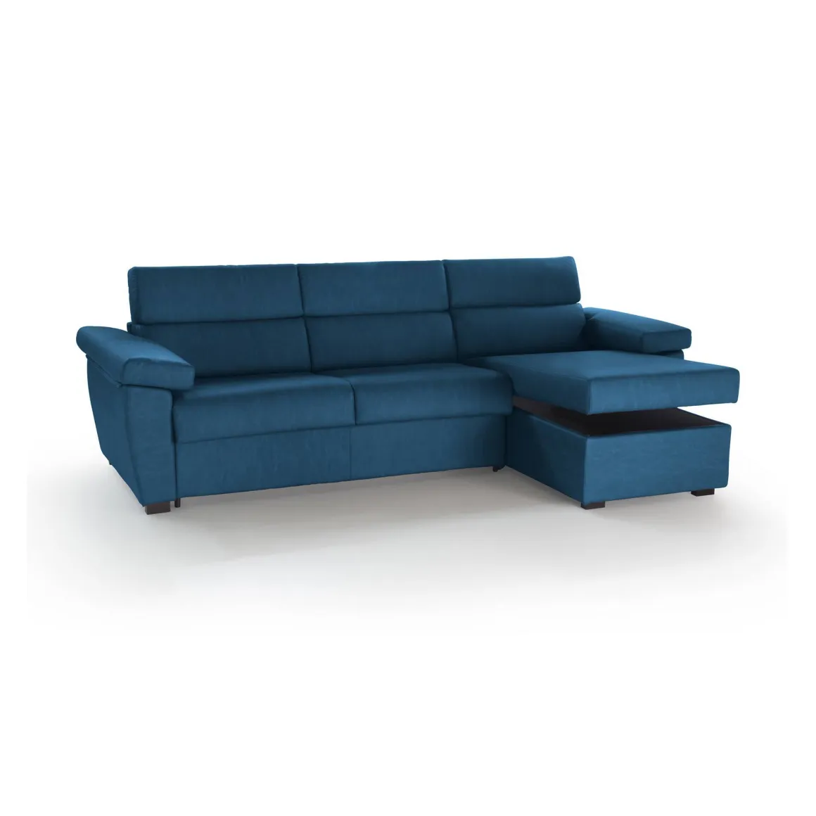 Divano Letto con Penisola blu Sfoderabile Contenitore 285x160 cm, Idrorepellente Trasformabile in Letto Made in Italy - Priverno