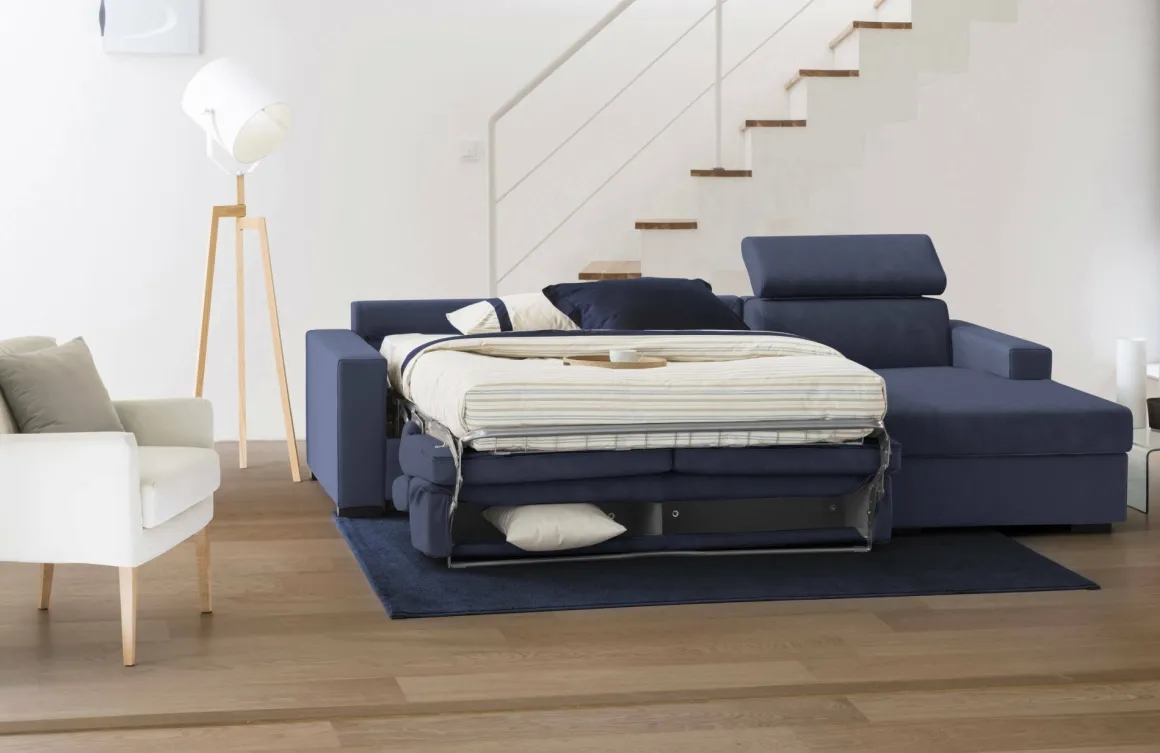 Divano letto con penisola blu 280x95cm - Allevatore