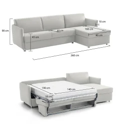 Divano Letto con Penisola Grigio Chiaro Multiposizione Sfoderabile 260x160 cm, Idrorepellente Contenitore Trasformabile in Letto Made in Italy
