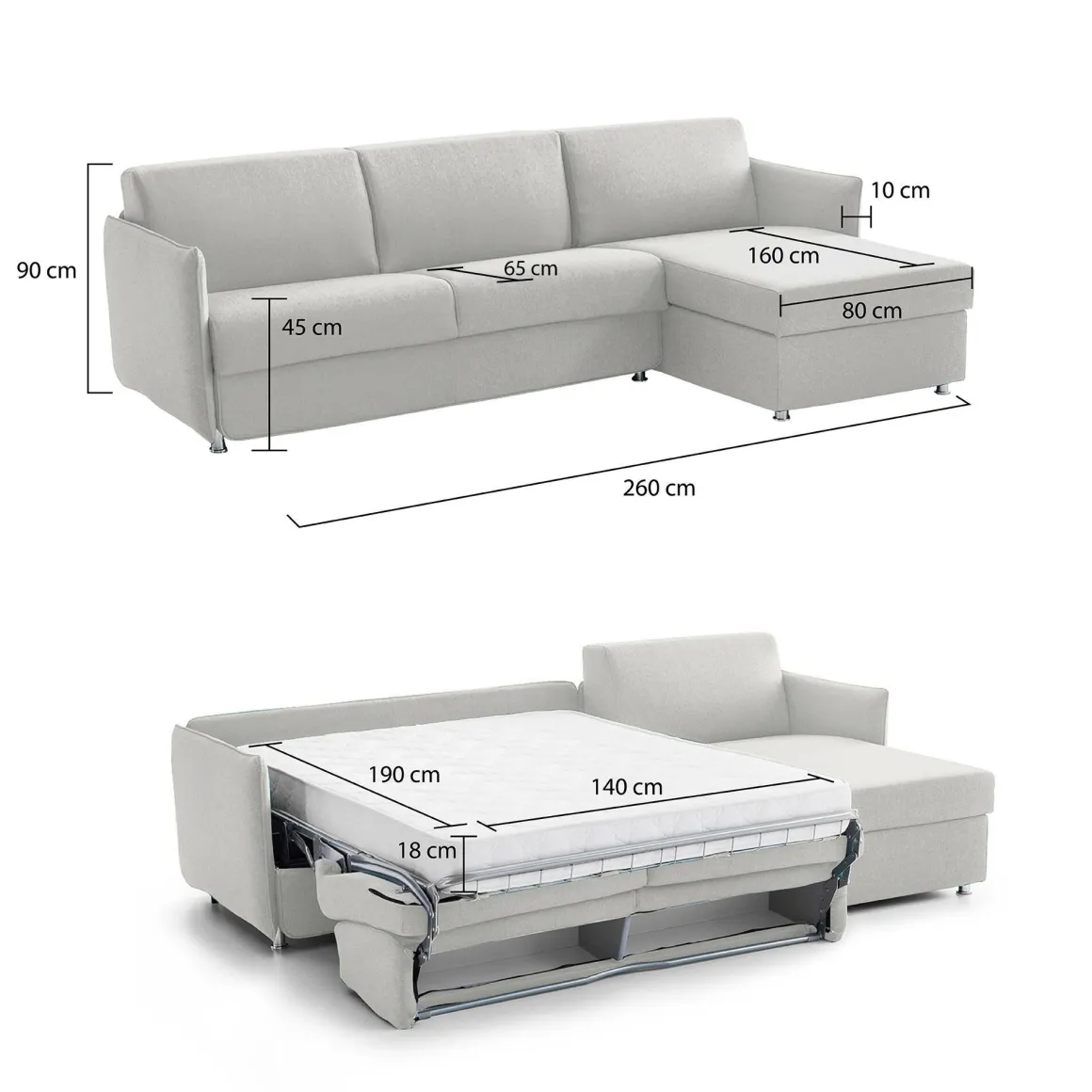 Divano Letto con Penisola Grigio Chiaro Multiposizione Sfoderabile 260x160 cm, Idrorepellente Contenitore Trasformabile in Letto Made in Italy