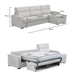 Divano Letto con Penisola Grigio Chiaro Sfoderabile Contenitore 280x160 cm, Idrorepellente Multiposizione Trasformabile in Letto Made in Italy