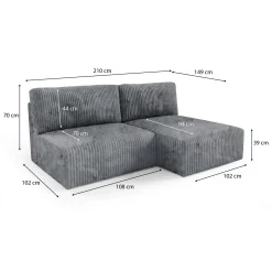 Divano Letto con Penisola Grigio Contenitore Cuscini Sfoderabili 210x149 cm, Reclinabile - Pergola