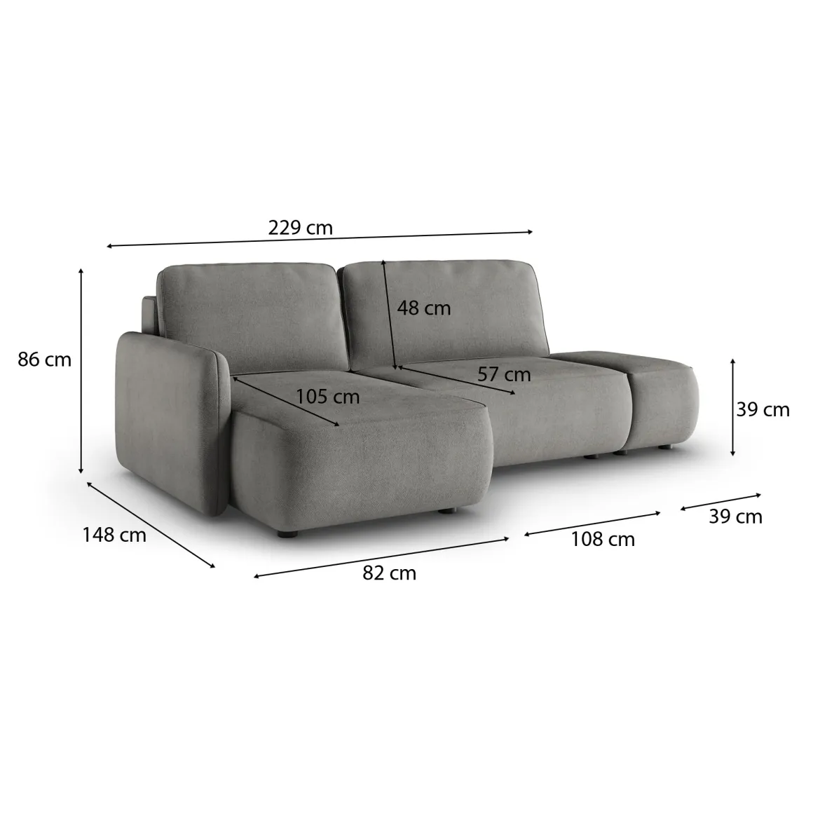 Divani Angolari|Divani Letto Con Penisola > Dmora Divano Letto con Penisola Contenitore Reclinabile 268x163 cm, Cuscini Sfoderabili - Folgarida Grigio
