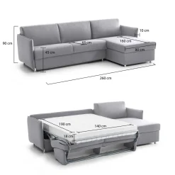Divano Letto con Penisola Grigio Sfoderabile Contenitore 260x160 cm, Idrorepellente Trasformabile in Letto Rete Elettrosaldata Made in Italy