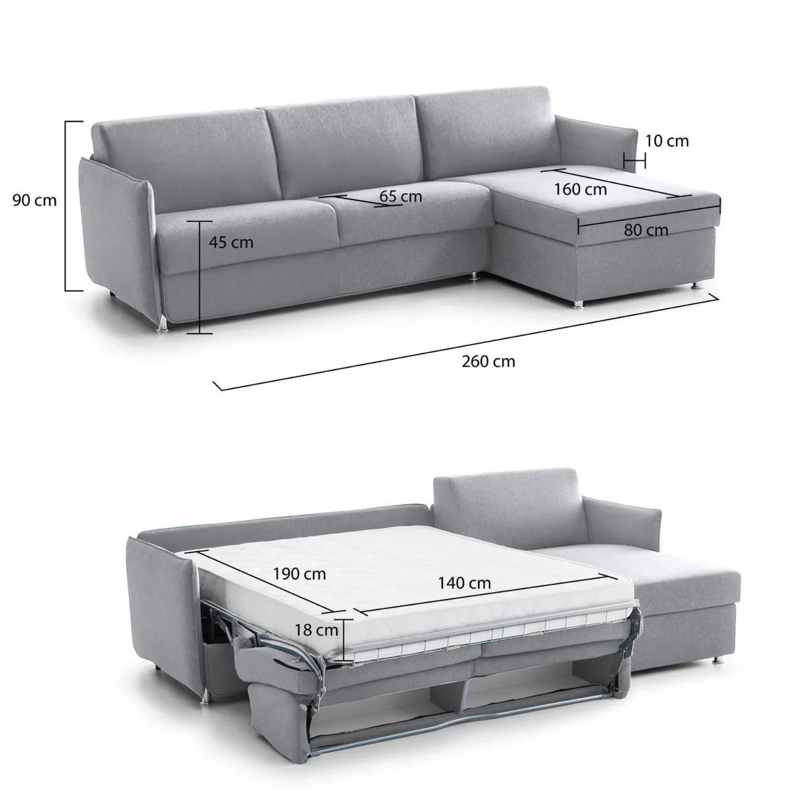 Divano Letto con Penisola Grigio Sfoderabile Contenitore 260x160 cm, Idrorepellente Trasformabile in Letto Rete Elettrosaldata Made in Italy