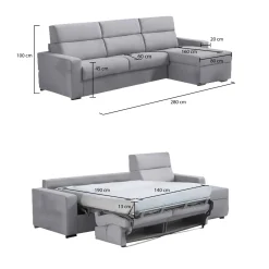 Divano Letto con Penisola Grigio Sfoderabile Contenitore 280x160 cm, Idrorepellente Multiposizione Trasformabile in Letto Made in Italy - Pusiano