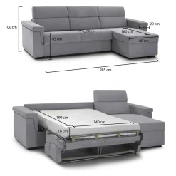Divano Letto con Penisola Grigio Sfoderabile Contenitore 285x160 cm, Idrorepellente Multiposizione Trasformabile in Letto Made in Italy - Ganzaria