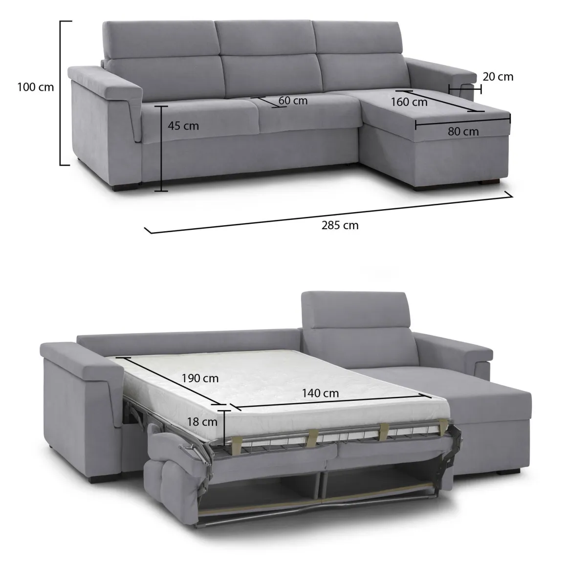 Divano Letto con Penisola Grigio Sfoderabile Contenitore 285x160 cm, Idrorepellente Multiposizione Trasformabile in Letto Made in Italy - Ganzaria