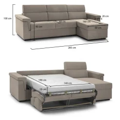 Divano Letto con Penisola Grigio Tortora Sfoderabile Contenitore 285x160 cm, Idrorepellente Trasformabile in Letto Made in Italy - Ganzaria