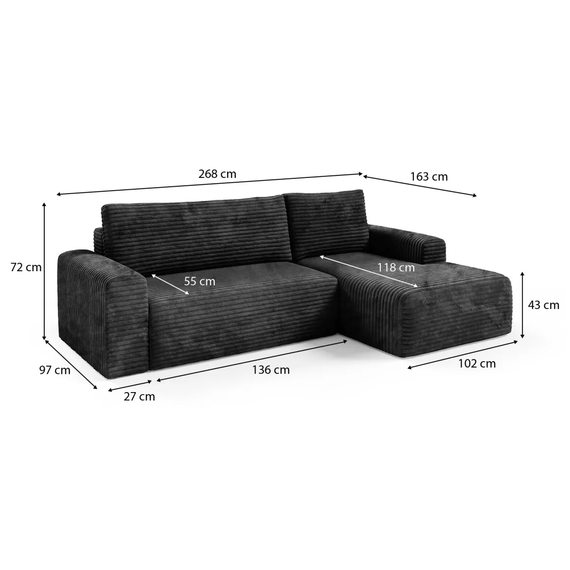 Divano Letto con Penisola Nero Contenitore Reclinabile 268x163 cm, Cuscini Sfoderabili - Folgarida