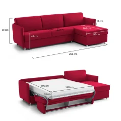 Divano Letto con Penisola Rosso Sfoderabile Contenitore 260x160 cm, Idrorepellente Multiposizione Trasformabile in Letto Made in Italy - Sumirago