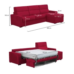 Divano Letto con Penisola Rosso Sfoderabile Contenitore 280x160 cm, Idrorepellente Multiposizione Trasformabile in Letto Made in Italy - Pusiano
