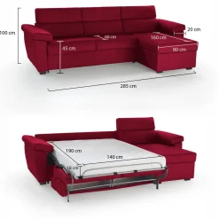 Divano Letto con Penisola Rosso Sfoderabile Contenitore 285x160 cm, Idrorepellente Multiposizione Trasformabile in Letto Made in Italy - Tolle