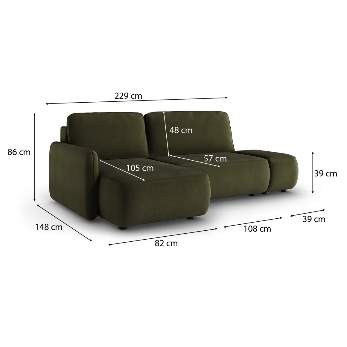 Divani Angolari|Divani Letto Con Penisola > Dmora Divano Letto con Penisola Contenitore Reclinabile 268x163 cm, Cuscini Sfoderabili - Folgarida Verde