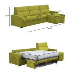 Divano Letto con Penisola Verde Sfoderabile Contenitore 280x160 cm, Idrorepellente Multiposizione Trasformabile in Letto Made in Italy - Celleno