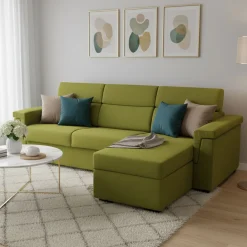 Divano Letto con Penisola Verde Sfoderabile Contenitore 285x160 cm, Idrorepellente Multiposizione Trasformabile in Letto Made in Italy - Ganzaria