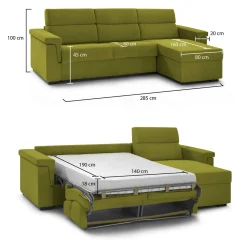 Divano Letto con Penisola Verde Sfoderabile Contenitore 285x160 cm, Idrorepellente Multiposizione Trasformabile in Letto Made in Italy - Ganzaria