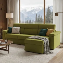Divano Letto con Penisola Verde Sfoderabile Contenitore 285x160 cm, Idrorepellente Multiposizione Trasformabile in Letto Made in Italy - Ganzaria