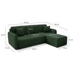 Divano Letto con Penisola Verde bottiglia Contenitore Reversibile 245x185 cm, Reclinabile - Ranco