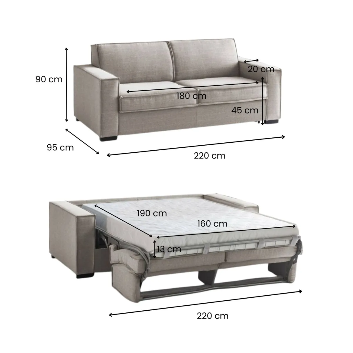 Divani Letto 3 Posti|Salotto > Dmora Divano letto due piazze tortora 220x95cm - Asteroide Grigio Tortora