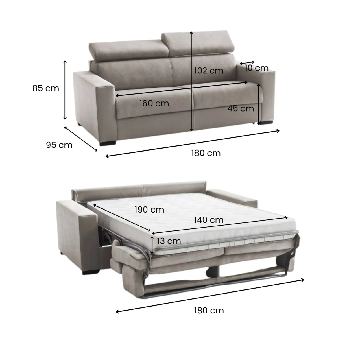 Divani Letto 2 Posti|Salotto > Dmora Divano letto in tessuto tortora 180x95cm - Aieie Grigio Tortora