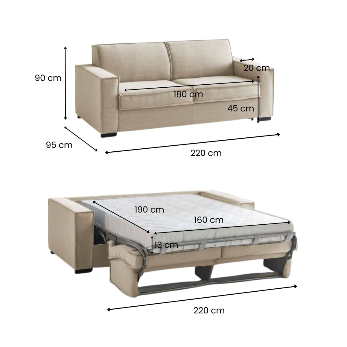 Divano letto matrimoniale beige 220x95cm - Asteroide