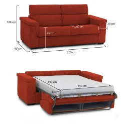 Divano Letto 2 Posti Arancione Sfoderabile Contenitore 205x95 cm, di Apertura a Ribalta Made in Italy - Biscossi