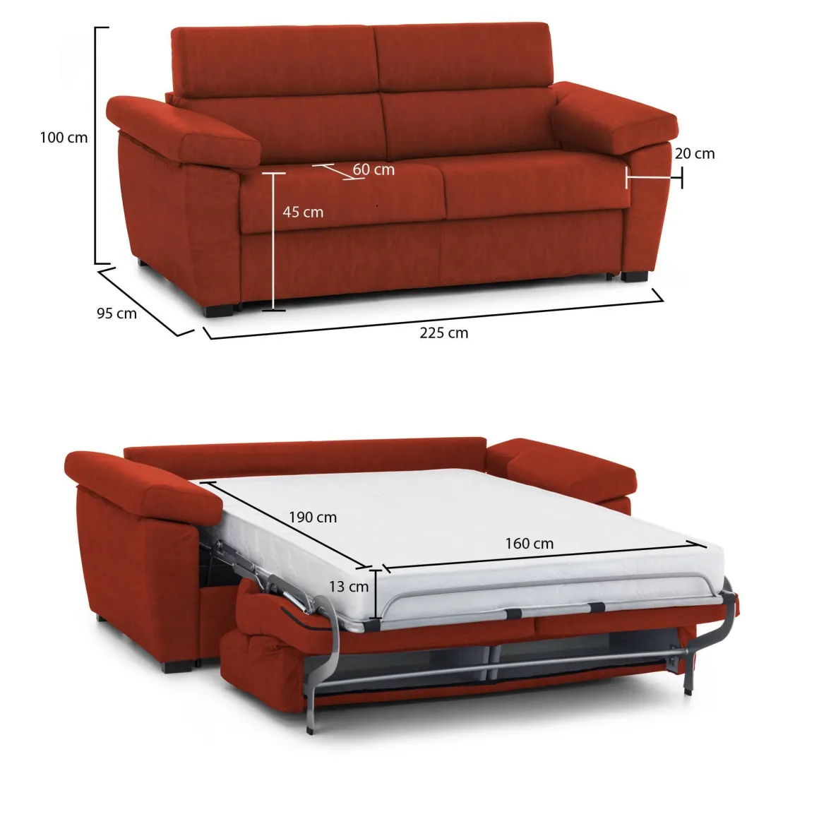 Divano Letto 3 Posti Arancione Sfoderabile Contenitore 225x95 cm, Lavabile Made in Italy - Trino