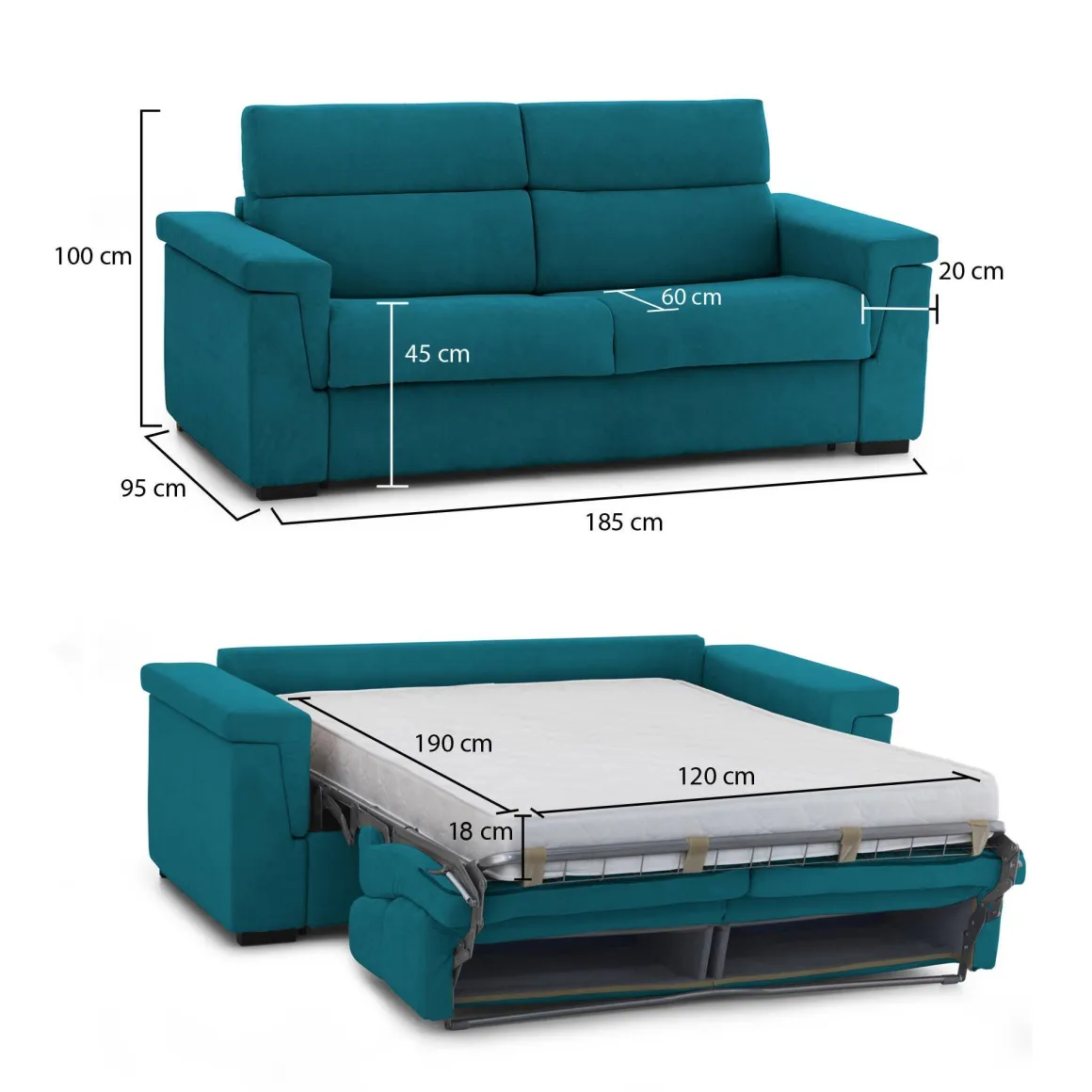 Divani Letto 2 Posti|Divano Contenitore Letto > Dmora Divano Letto 2 Posti Sfoderabile Contenitore 185x95 cm, di Apertura a Ribalta Made in Italy - Salorno Azzurro