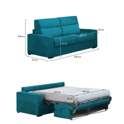 Divano Letto 2 Posti Azzurro Sfoderabile Contenitore 200x95 cm, di Apertura a Ribalta Made in Italy - Ecate