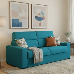 Divano Letto 3 Posti Azzurro Sfoderabile Contenitore 220x95 cm, Lavabile Made in Italy - Marcon