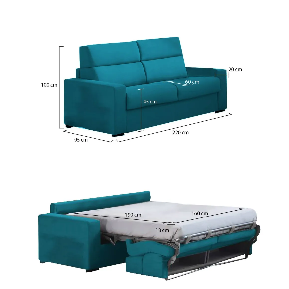 Divano Letto 3 Posti Azzurro Sfoderabile Contenitore 220x95 cm, Lavabile Made in Italy - Marcon