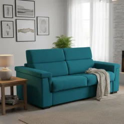 Divano Letto 3 Posti Azzurro Sfoderabile Contenitore 225x95 cm, Lavabile Made in Italy - Benedetto