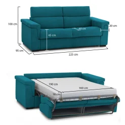 Divano Letto 3 Posti Azzurro Sfoderabile Contenitore 225x95 cm, Lavabile Made in Italy - Benedetto