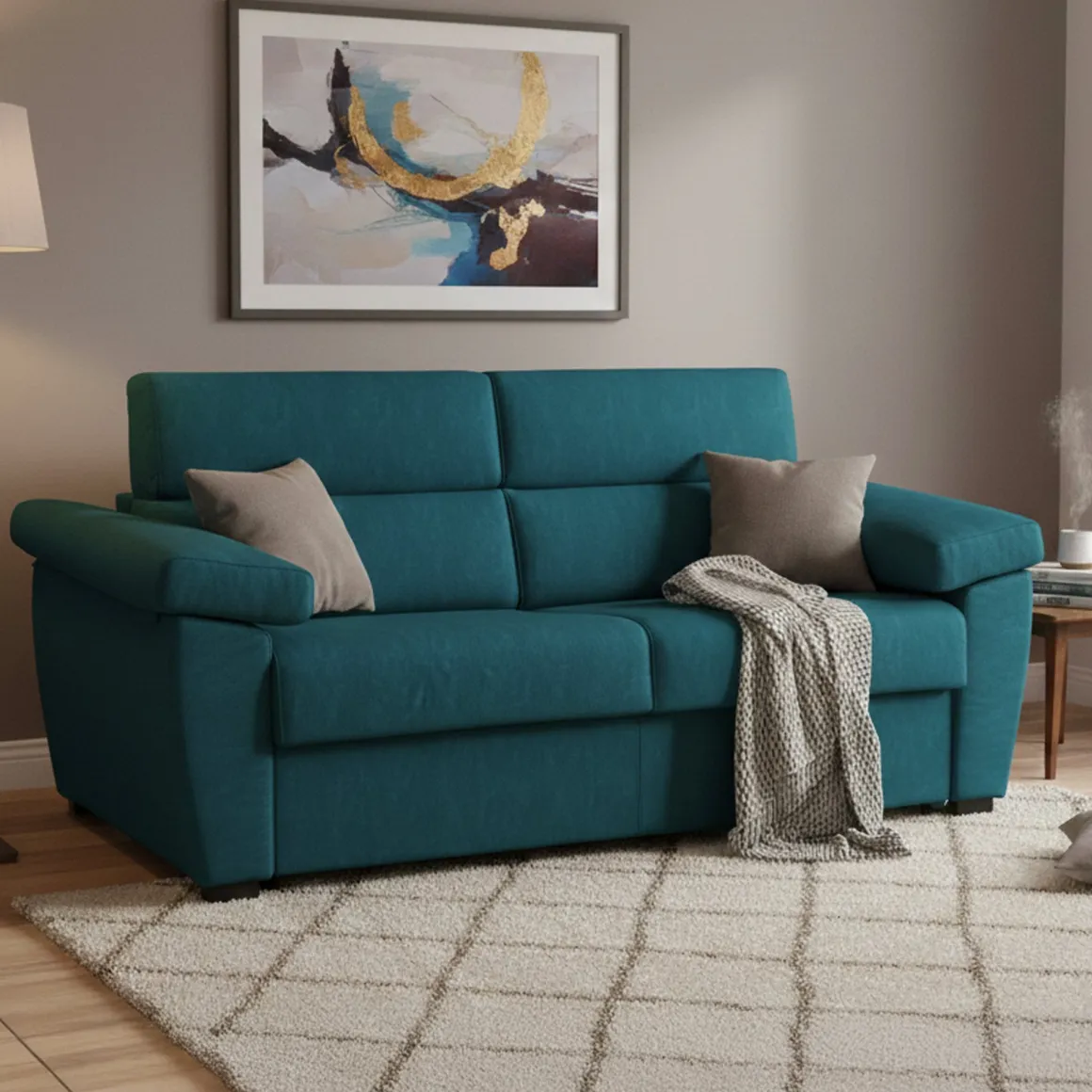 Divano Letto 3 Posti Azzurro Sfoderabile Contenitore 225x95 cm, Lavabile Made in Italy - Pacecos