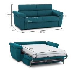 Divano Letto 3 Posti Azzurro Sfoderabile Contenitore 225x95 cm, Lavabile Made in Italy - Pacecos