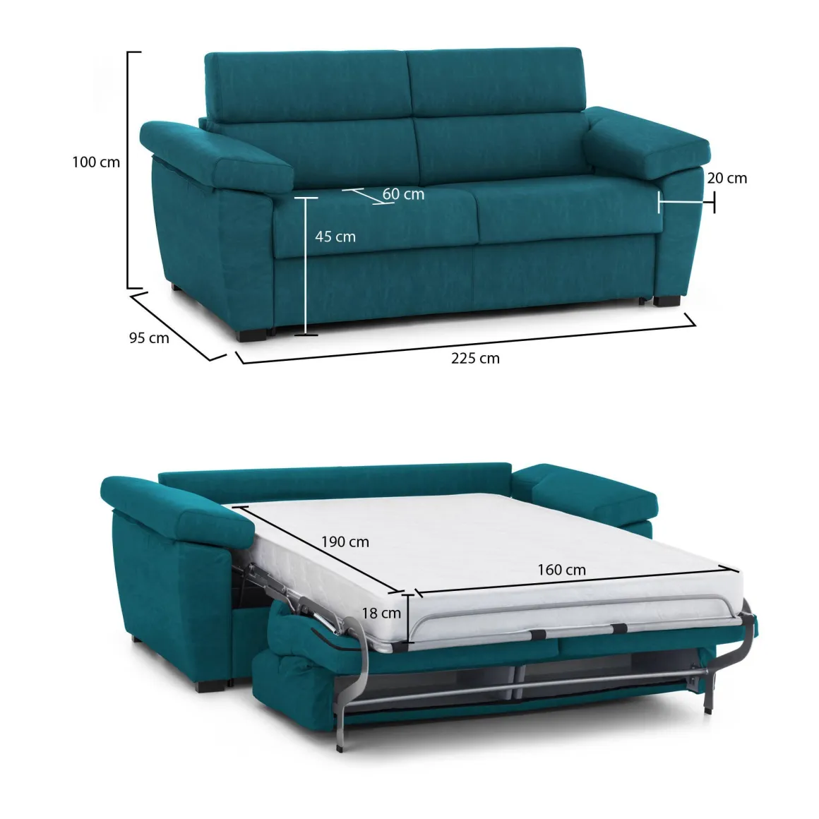 Divano Letto 3 Posti Azzurro Sfoderabile Contenitore 225x95 cm, Lavabile Made in Italy - Pacecos