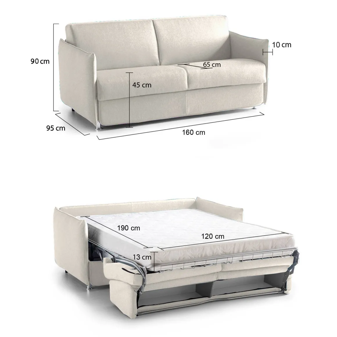Divano Letto 2 Posti Beige Sfoderabile Contenitore 160x95 cm, di Apertura a Ribalta Made in Italy - Verceia