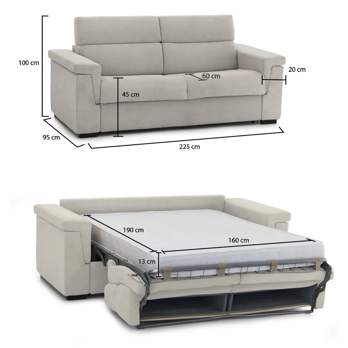 Divano Letto 3 Posti Beige Sfoderabile Contenitore 225x95 cm, Lavabile Made in Italy - Nus